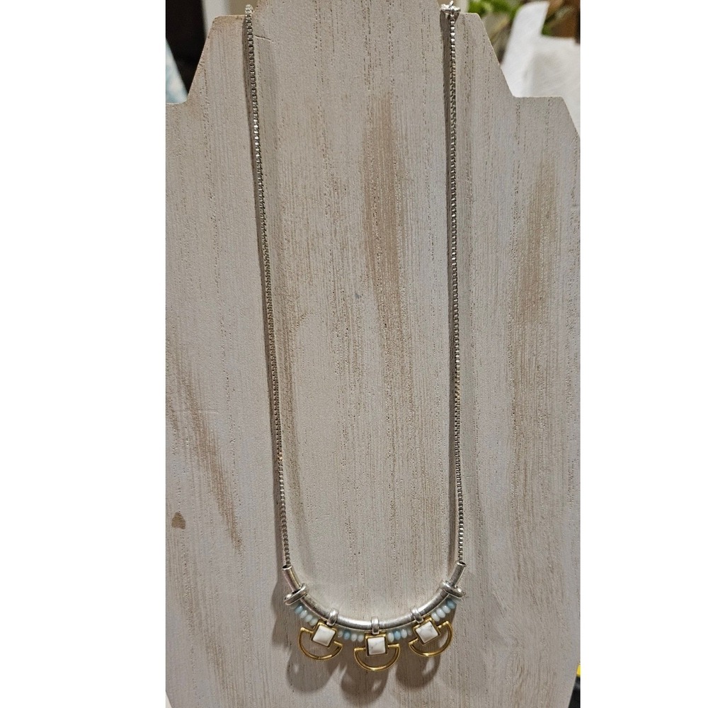 Stella & Dot Mixed Metal Geometric Beaded Necklace Silver Gold White Blue Stone